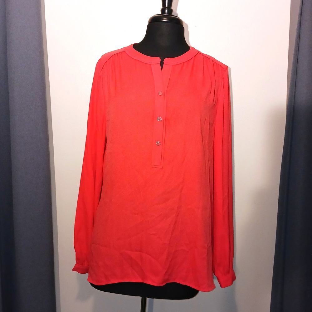 LOFT Classic Professional Business Casual coral Red Henley Blouse layering Top L